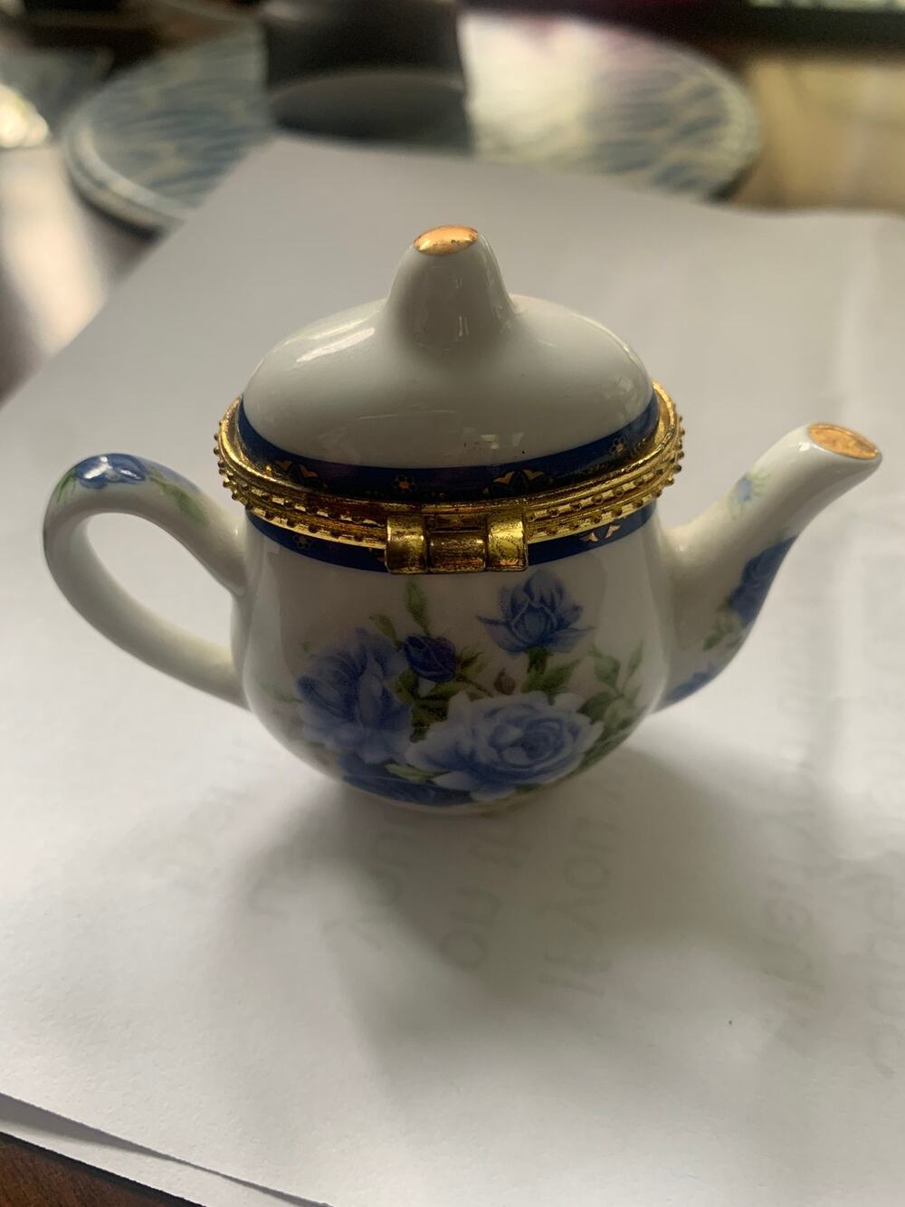 Vintage tea pot hinge lid porcelain trinket box. Set of two